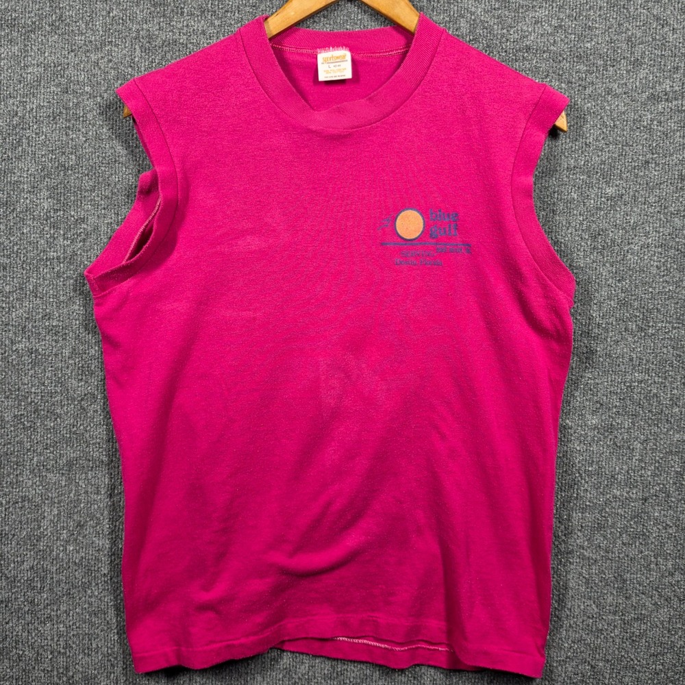 Vintage 80s Sportswear Muscle Tee Mens Large Blue Gulf Made in USA Hot Pink